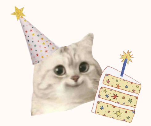 Party-hat cat with a slice of birthday cake